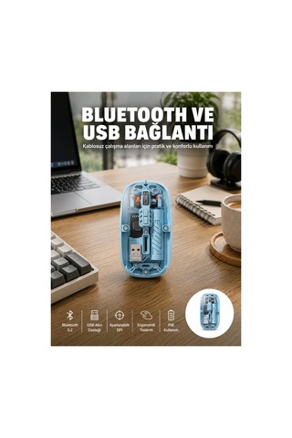 Bluetooth 5.2 Destekli Mavi Pilli Kablosuz Mouse Yeni Nesil - Hs08378925-4599 Renkli Diğer