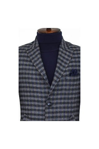 Wessi Kaşe Kareli Geniş Yaka Slim Fit Lacivert Erkek Palto 001