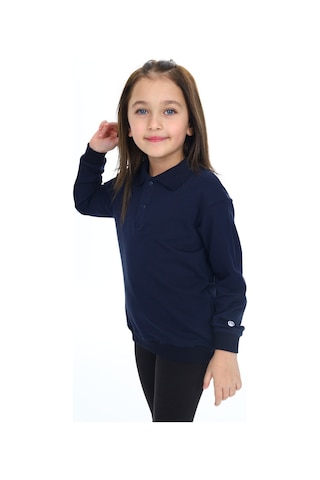 Kız Çocuk Regular Fit Polo Yaka Düşük Omuz Nakış Baskılı Sweatshirt - 2 İplik Lacivert