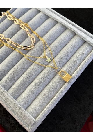 Gold Renk Kilit Katmanlı Kolye Gerdanlık Kolye Kadınlar İçin Katlı Kolye Gold