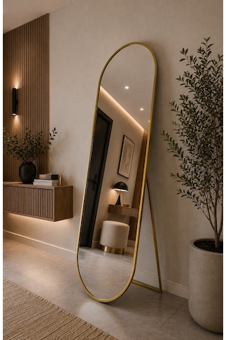 Effe Gold Metal Çerçeveli 180x60 Cm Elips Model Ayaklı Boy Aynası