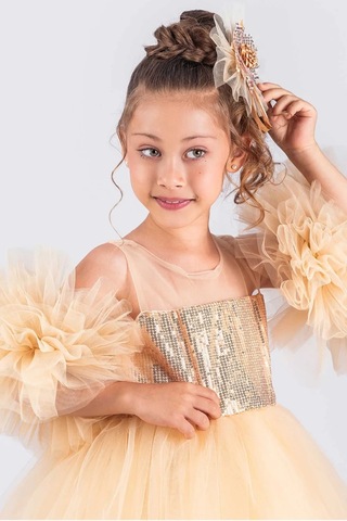 Kız Çocuk Abiye Elbise Ponpon Kol Pul Payetli Tütülü Altın