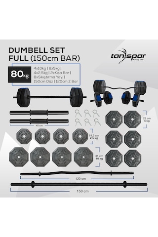 Tanspor 80 KG Dambıl Halter Full Kısa Bar + Z Bar + Düz Bar Seti Kırmızı Kapaklı