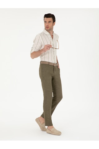 Cacharel Haki Slim Fit %100 Keten Pantolon Yesıl