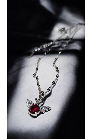 Gümüş Renk Kırmızı Taşlı Parıltılı Kanat Kolye Işıltılı Zarif K Gold