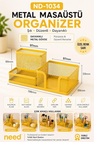 Need Nd-1034 Metal Mesh Masaüstü Organizer 3 Bölmeli, Çok Amaçlı Düzenleyici Sarı