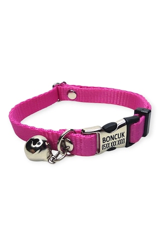 Metal Kilitli İsimli Kedi Ve Köpek Tasması, Fuşya Rengi Tasma
