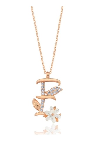 Işıltılı Manolya Çiçeği E Harfi Rose Renk Gümüş Harfli Kolye