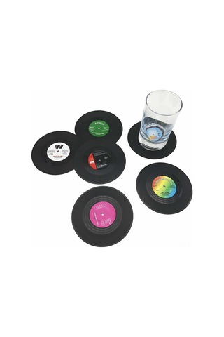 Skycity 6 Adet Retro Vinil Plak Desenli, Kaymazsız, Yıkama Uygun Kahve İçecek Bardağı Tablo Koruyucu Mizahane Seti Diğer