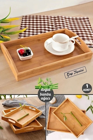 Tepsi Bambu Çay Tepsisi Lüx Kulplu Dikdörtgen 33x22 İdeal Boy Kahve Çay Servis Sunum