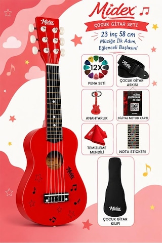 Midex Cg-230rd Çocuk Klasik Gitar Seti 3-8 Yaş 23 İnç 58 Cm Kırmızı Çocuk Gitarı Seti