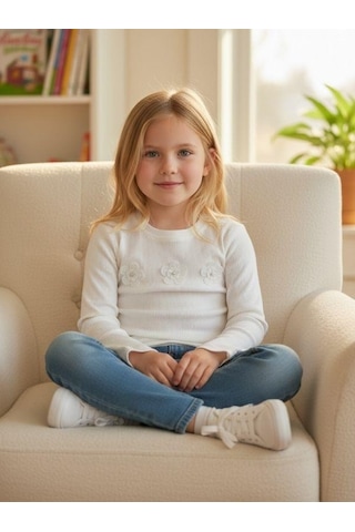 Zekids Kız Çocuk Çiçek Desenli Fitilli Uzun Kollu T-shirt-16385 Ekru