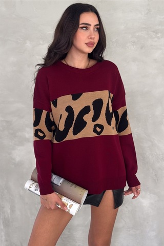 Femelle Kadın Bordo Standart Beden Leopar Desen Oversize Triko Kazak