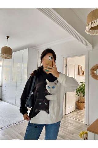 Ramımse Kadın Uzun Kollu Kapşonlu Bağcıklı Kedi Desenli Şardonlu Dalgıç Bluz Desenli