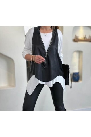 Alyn Wear Kadın Uzun Kollu Asimetrik Kesim Viskon Bluz Ve Çatlak Deri Görünümlü Yelek Ikili Takım Beyaz