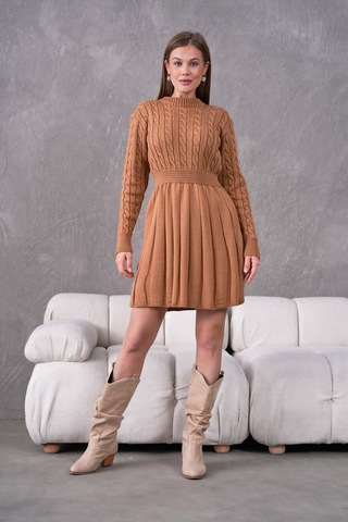 Flex Fashıon Saç Örgülü Trend Popüler Triko Mini Elbise Karamel - 662242424 Karamel - 662242424 Karamel
