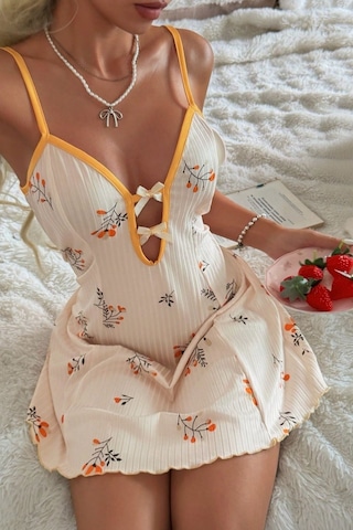Bella Notte Romantik Ekru Hardal Çiçek Desenli Fiyonk Detaylı Gecelik Sarı