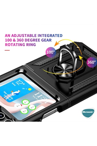 Microsonic Samsung Galaxy Uyumlu Z Flip 7 Fe Kılıf Military Ring Holder Siyah -