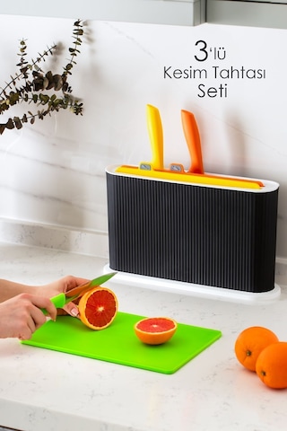 Porsima 1075 3 Bıçaklı Standlı Çoklu Kesme Tahtası Seti Siyah - Beyaz