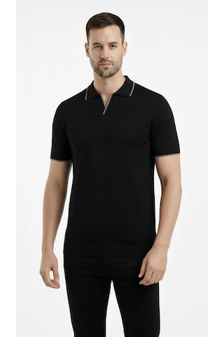 Barlashive Erkek Yazlık Dokuma Triko Tişört Düğmesiz Polo Yaka Kısa Kol T-shirt - Siyah Çok Renkli