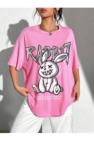 Noıssey Karikatür Ve Grafik Tasarım Oversize T-shirt Cartoon/letter Serisi Kod38 Pembe