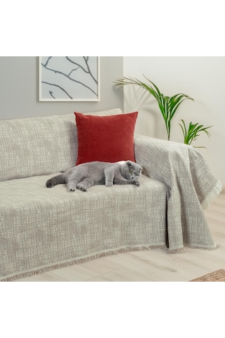 Purecot Premium Pamuklu Püsküllü Koltuk Örtüsü 180x300 Large Çift Taraflı Terletmez Kaymaz Açıkkahve Kahverengi