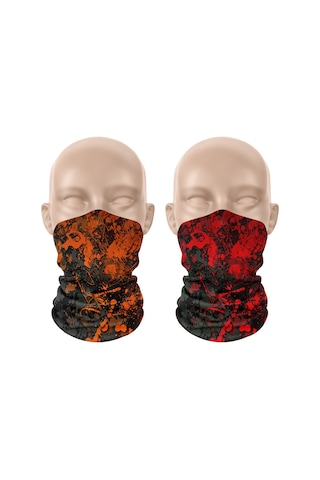 Dair Turuncu Kırmızı Boya Desenli 2'li Set Boyunluk Bandana Outdoor Balaklava Yüz Maskesi Kafa Bandı