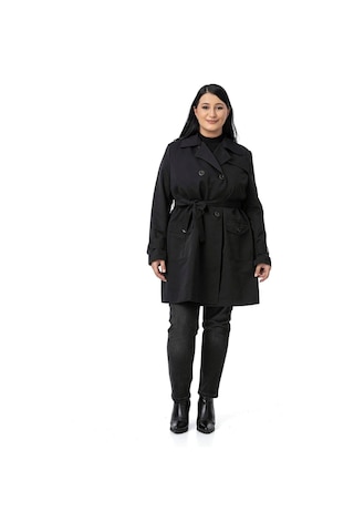 Büyük Beden Kruvaze Kolu Bant Detaylı Cepli Kuşaklı Astarlı Siyah Trençkot Siyah