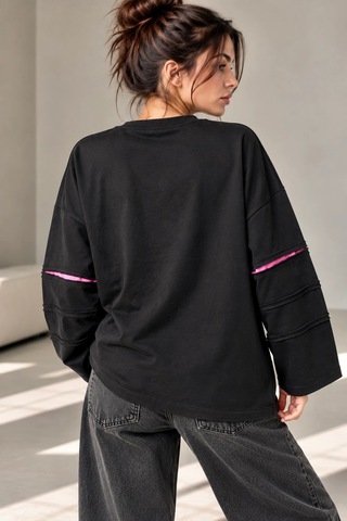 Bb Butik Basic Kontrast Dikiş Detaylı Oversize Uzun Kollu Sweatshirt Fk3535 siyah