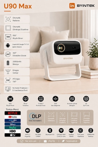 Byıntek Ufo U90 Taşınabilir Projeksiyon Cihazı 1080p, 4k Destekli, Android 11, 20800 Mah Bataryalı