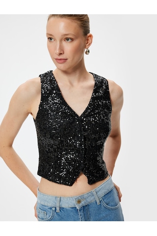 Koton Abiye Yelek Crop Pullu Payetli V Yaka Kolsuz Düğmeli Slim Fit Siyah 4sak50002fk Siyah