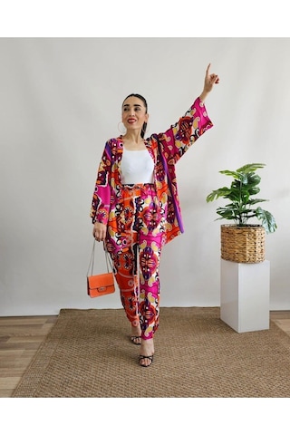 İpli Fuşya Renk Etnik Desenli Viskon Kumaş Kimono Takım Fuşya