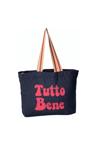 Faralya Life Mavi Kot Denim Çanta Baskılı Pamuk Bez Çanta 52x42 Cm 60 Cm Sap Uzunluğu Açık Pembe