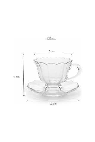 Olive Cam 6 Kişilik Tabaklı Büyük Çay Fincan Seti 6 X 210 Ml Şeffaf