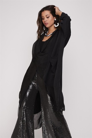 Bohem Stil Italyan Ipek Detaylı Oversize Kaftan & Bluz-8711 Siyah