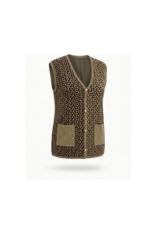 Onno Style Women Çelik Örgü Klasik Leopar Desen Triko Yelek Vizon