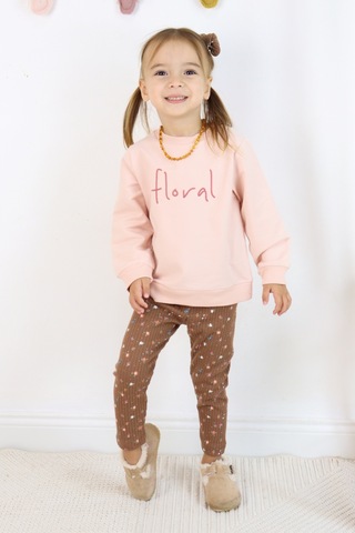 Kız Çocuk Floral Nakışlı İki İplik Kumaş Taytlı Takım Toka Dahildir. Açık Pembe