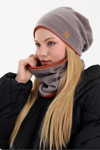 Butikgiz Kadın Dış Kısım Polar, İç Kısım Kaşkorse Pamuklu, Çift Renk, Çift Kat, Katlanabilir Bere Boyunluk Set Gri-kiremit