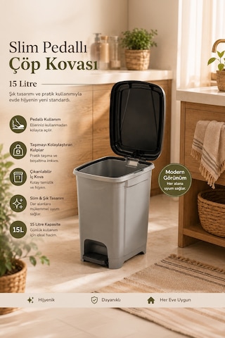 Porsima 0123 Pedallı Metalize Banyo Mutfak Çöp Kovası Siyah Kapaklı Slim Pedallı Çöp Kovası 15 Litre Siyah