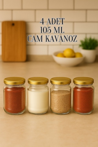 4 Adet 105 Ml Baharatlık Mama Şekerleme Çok Amaçlı Metal Kapaklı 105 Cc Kısa Cam Kavanoz Gold