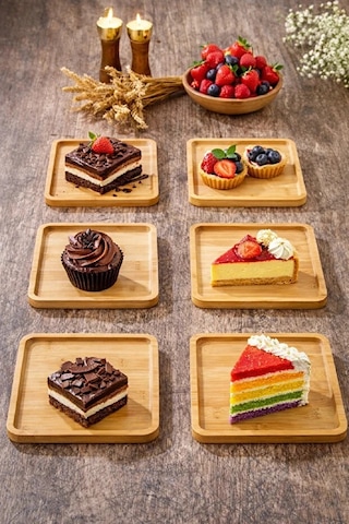 6lı Kare Bambu Gourmet Kahvaltı Tabağı Pasta Servis Sunum Tepsi İkramlık Ahşap Tabak Bej