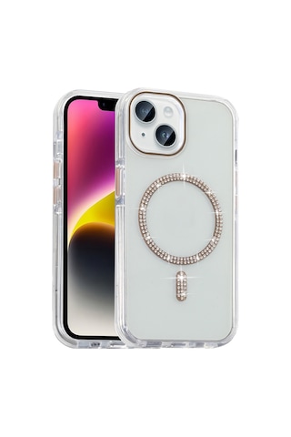 Apple Uyumlu iPhone 13 Kılıf Taşlı Tasarım M-safe Şarj Özellikli Mkst Koment Silikon Kapak - Gold Altın
