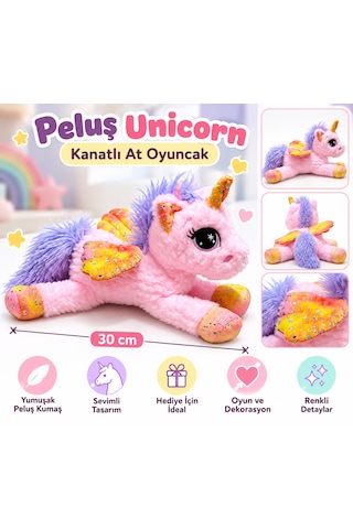 Halley Oyuncak Pembe Kanatlı Peluş Unicorn At Oyuncak 02 - Çok Renkli