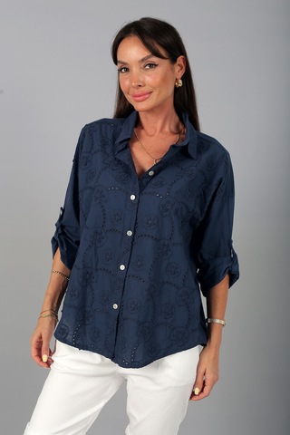 By Saygı Kadın İtalyan Cotton Mini Çiçek Nakış İşlemeli Gömlek Lacivert