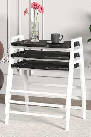 Zigon Sehpa , Aden 3'lü Tepsi Zigon Sehpa Takımı Beyaz Metal - Siyah Mermer Tabla Beyaz-siyah Mermer