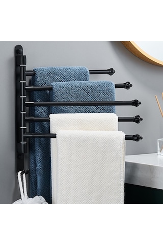 Novahub 4 Çubuklu Dönebilen Havlu Askısı, 30cm Siyah Alüminyum, Pratik Montaj, Banyo/yatak Odası İçin Siyah
