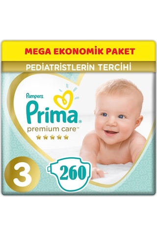 Prima Premium Care Bebek Bezi 3 Numara Midi (6-10Kg) Midi 260 Adet Mega