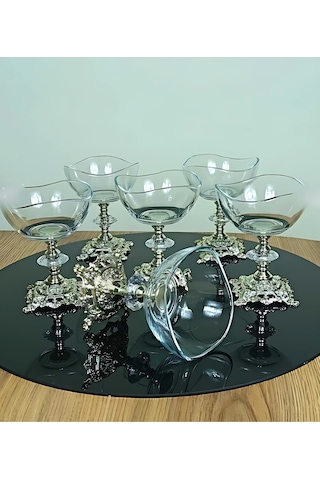 Assa Bazaar 6 Lı Metal Ayaklı Gümüş Detaylı Magnolia Kase Seti Dondurmalık Şekerlik Sunumluk Gri