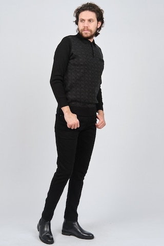 Çizgi Triko Erkek Cep Detaylı Polo Yaka Desenli Kazak 42544230 Si Siyah