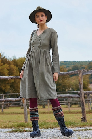 V Yaka Düğme Detaylı Fermuar Kapamalı Uzun Kollu Elbise Haki